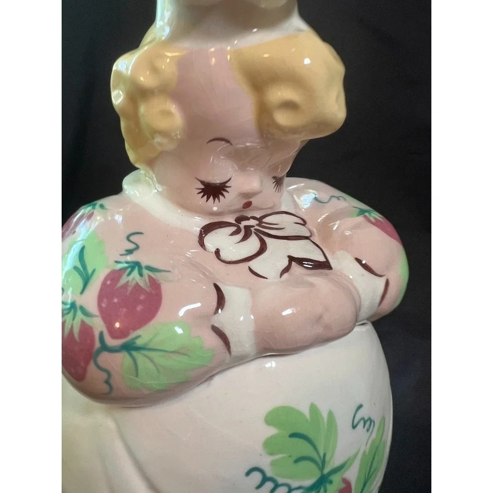 Vintage American Bisque Strawberry Girl Cookie Jar Pink Dress Hand Painted 1940s